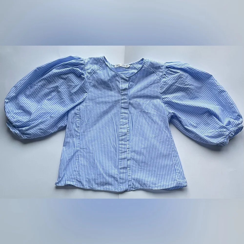 Zara Cotton Puff Sleeve Blouse Blue Stripe Small